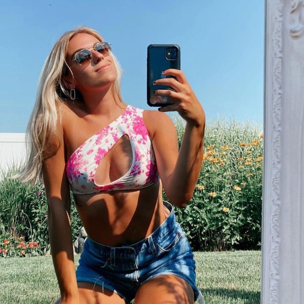 Frankie's Bikinis Pink and White One-Shoulder Bikini Top